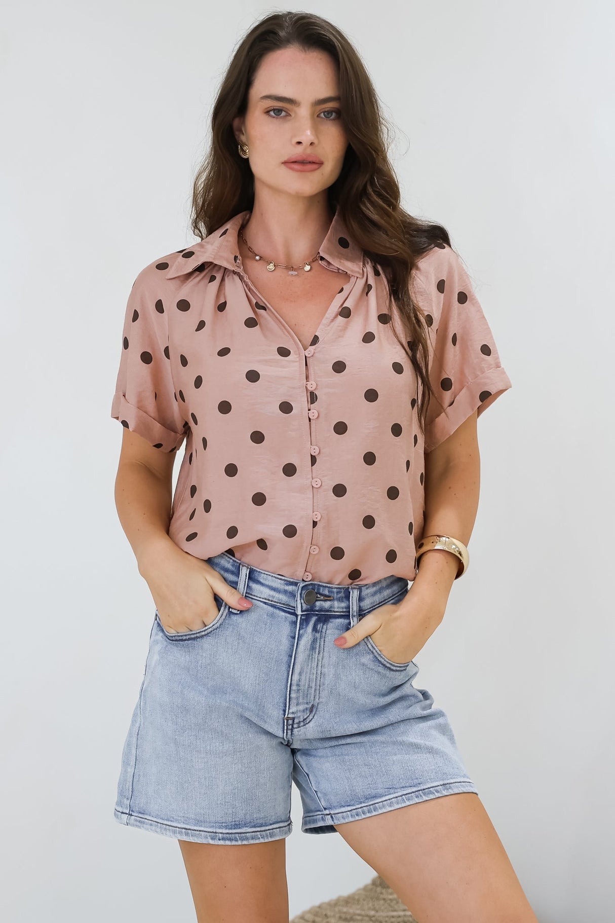 Yohanna Blouse - Collared Button Down in Pacey Spot Pink