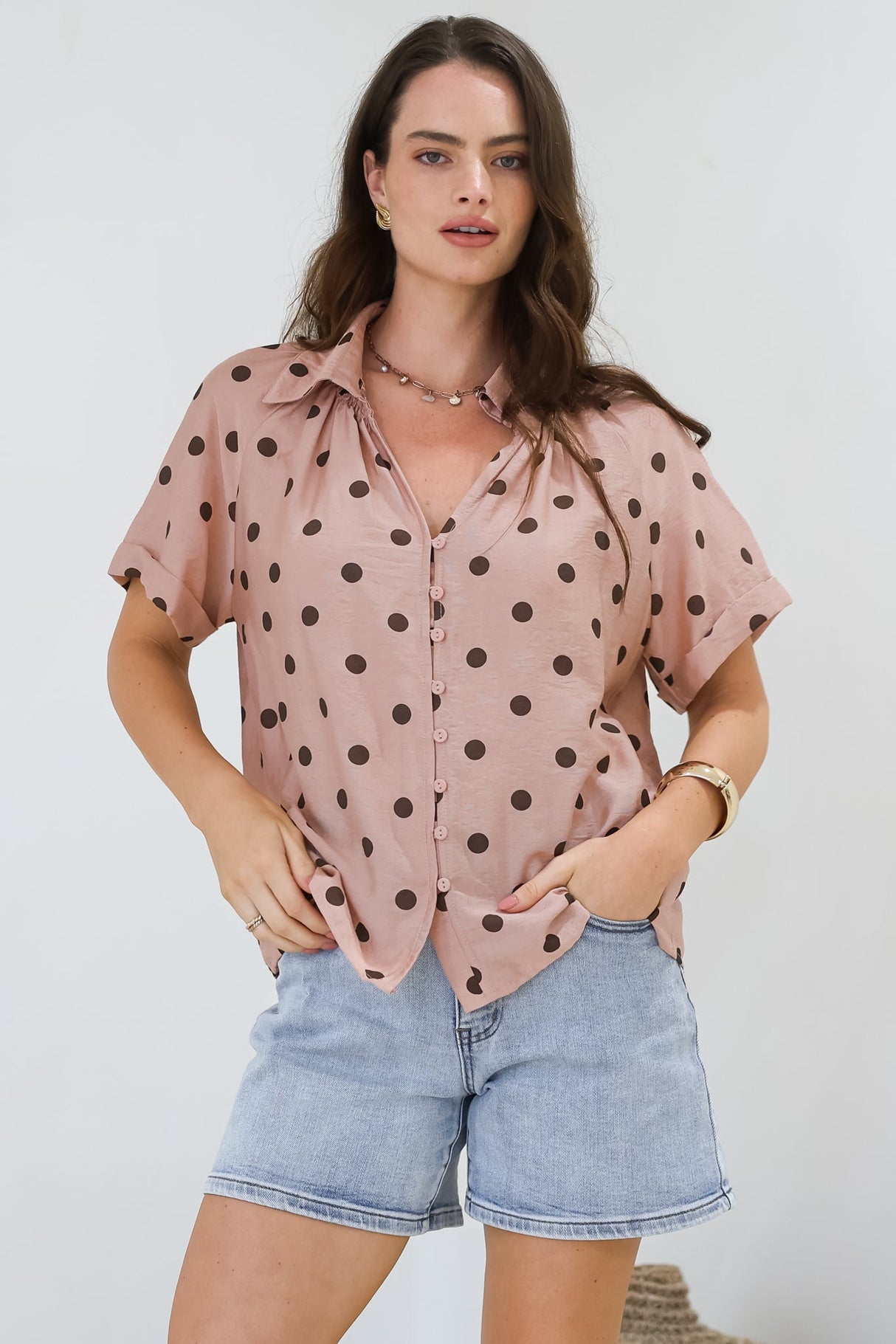 Yohanna Blouse - Collared Button Down in Pacey Spot Pink