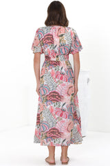 Yuna Midi Dress - V Neck A-Line Cap Sleeve Dress in Tarsilla Print