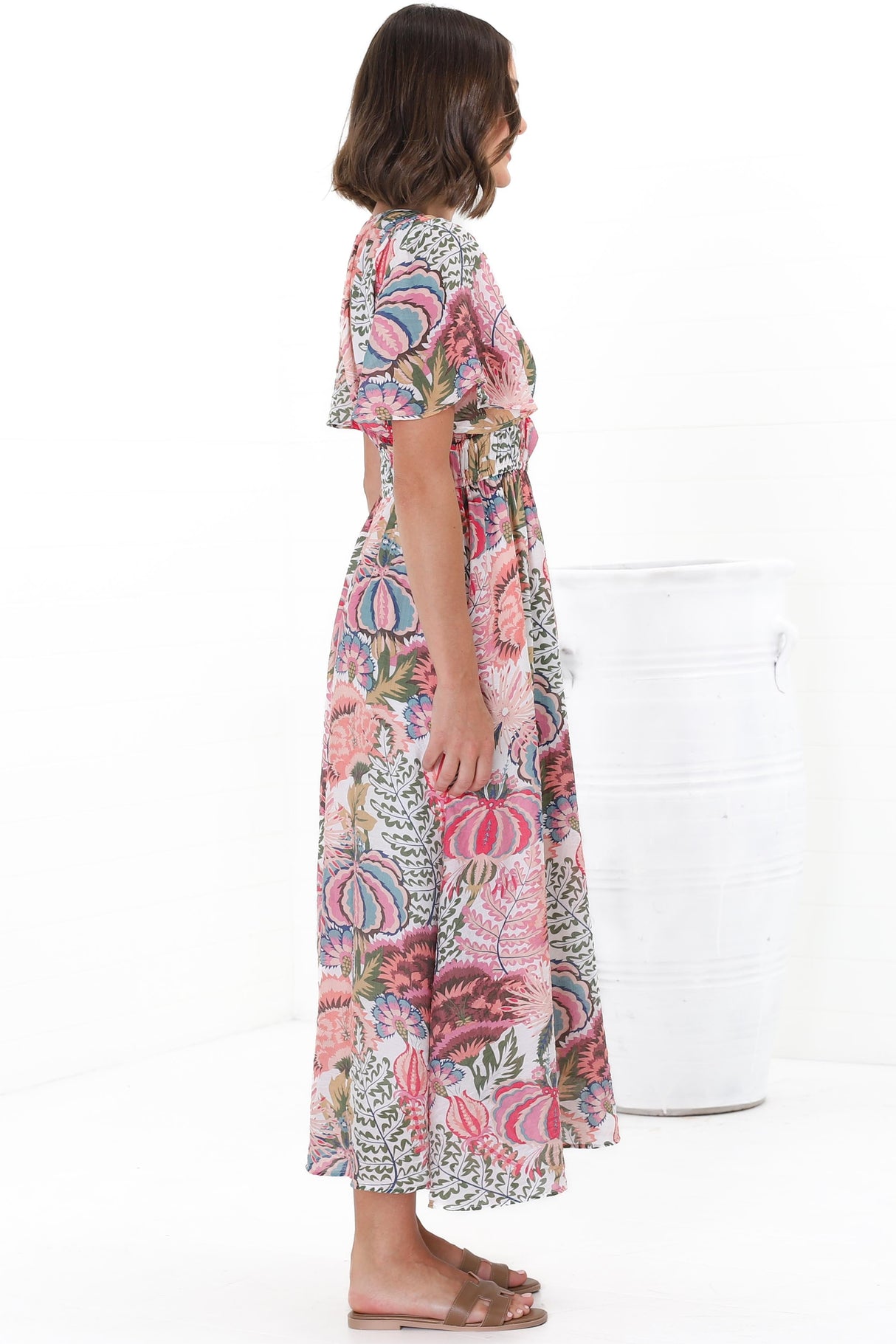 Yuna Midi Dress - V Neck A-Line Cap Sleeve Dress in Tarsilla Print