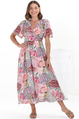 Yuna Midi Dress - V Neck A-Line Cap Sleeve Dress in Tarsilla Print