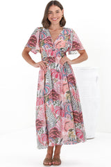 Yuna Midi Dress - V Neck A-Line Cap Sleeve Dress in Tarsilla Print