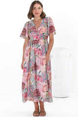 Yuna Midi Dress - V Neck A-Line Cap Sleeve Dress in Tarsilla Print