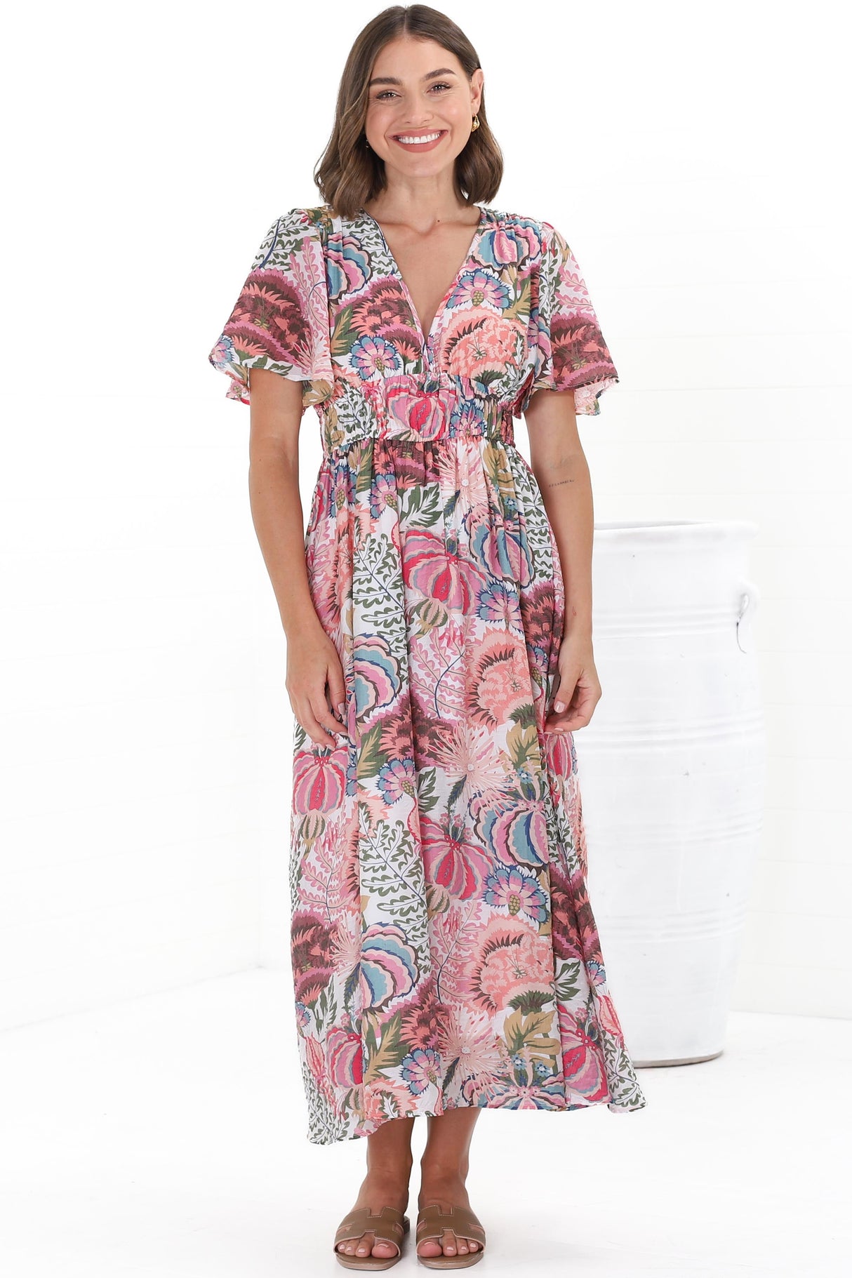 Yuna Midi Dress - V Neck A-Line Cap Sleeve Dress in Tarsilla Print