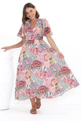 Yuna Midi Dress - V Neck A-Line Cap Sleeve Dress in Tarsilla Print