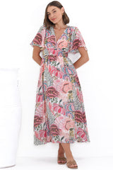 Yuna Midi Dress - V Neck A-Line Cap Sleeve Dress in Tarsilla Print