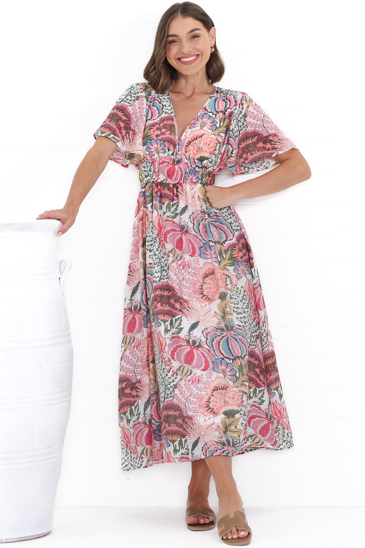 Yuna Midi Dress - V Neck A-Line Cap Sleeve Dress in Tarsilla Print