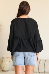 Yvanna Top - Boatneck Adjustable Waist Cheesecloth Cotton Top in Black