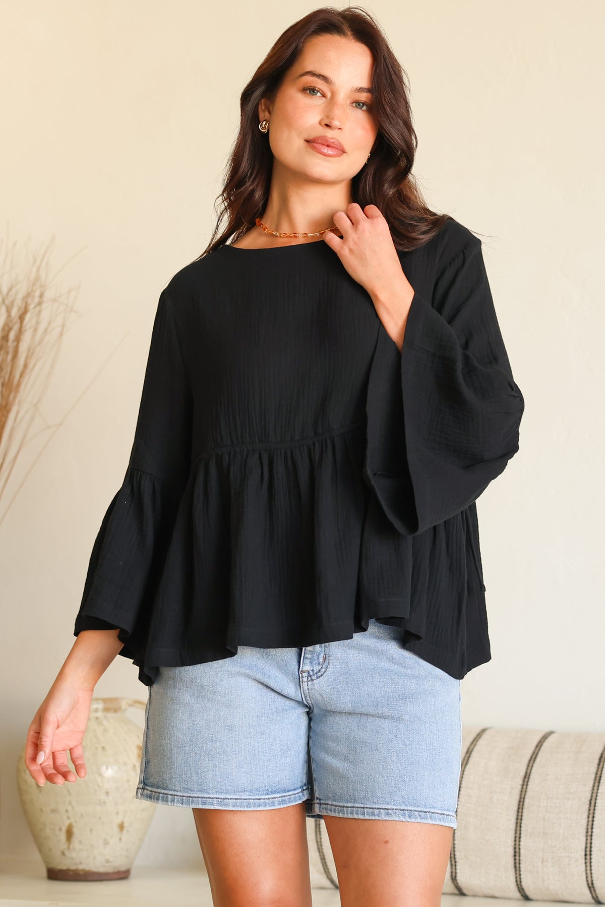 Yvanna Top - Boatneck Adjustable Waist Cheesecloth Cotton Top in Black