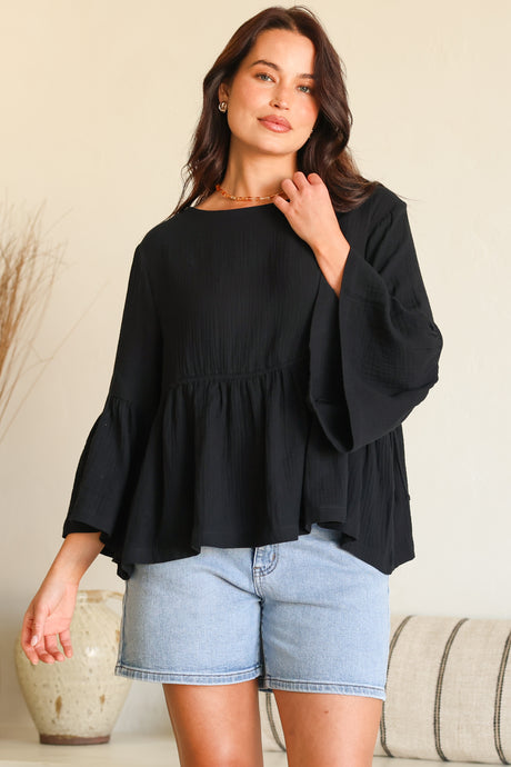 Yvanna Top - Boatneck Adjustable Waist Cheesecloth Cotton Top in Black