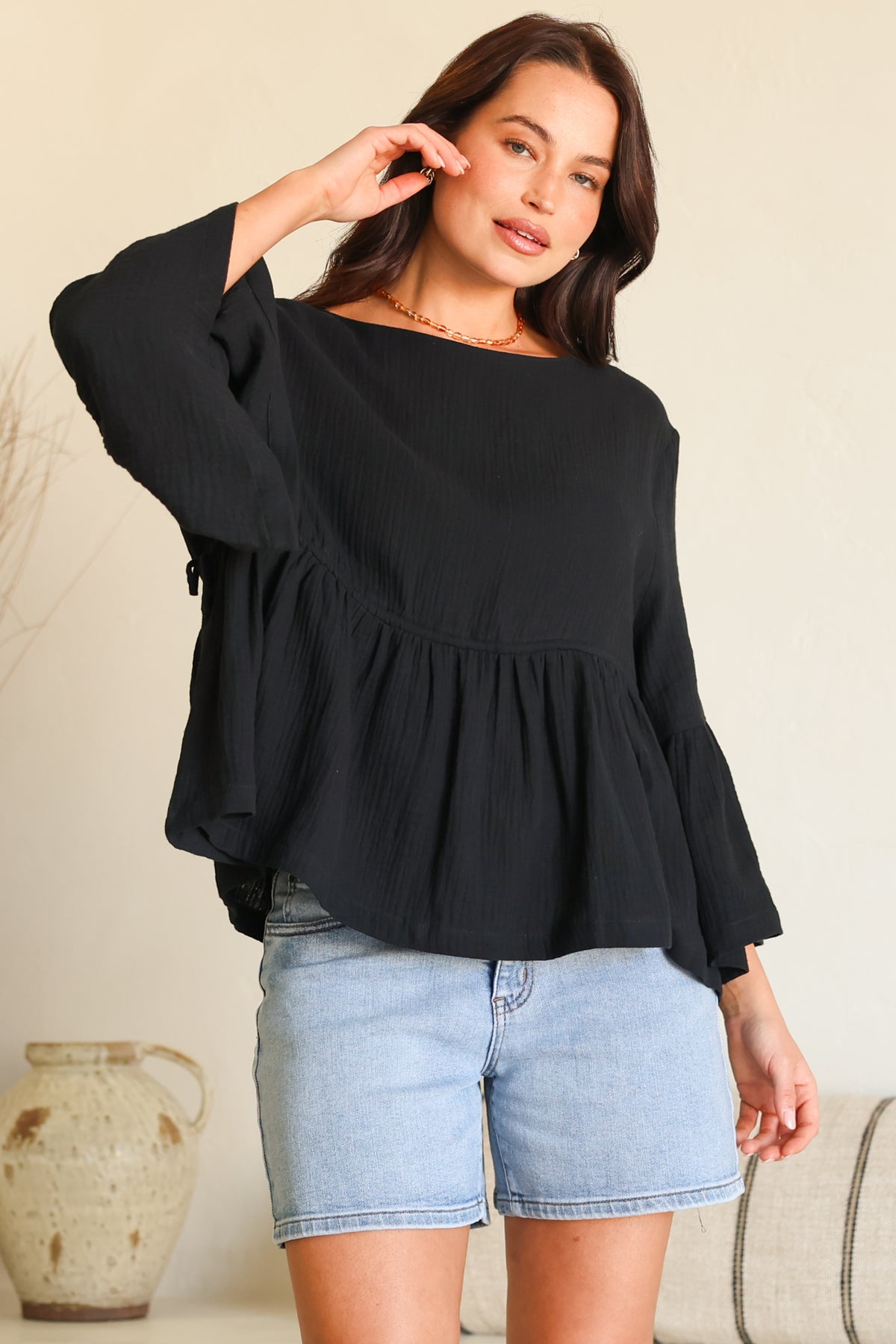 Yvanna Top - Boatneck Adjustable Waist Cheesecloth Cotton Top in Black