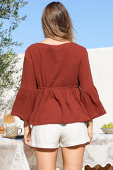 Yvanna Top - Boatneck Adjustable Waist Cheesecloth Cotton Top in Terracota