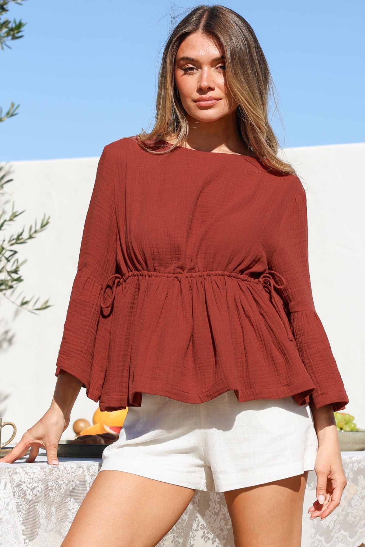 Yvanna Top - Boatneck Adjustable Waist Cheesecloth Cotton Top in Terracota