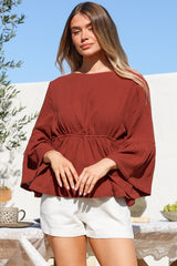 Yvanna Top - Boatneck Adjustable Waist Cheesecloth Cotton Top in Terracota