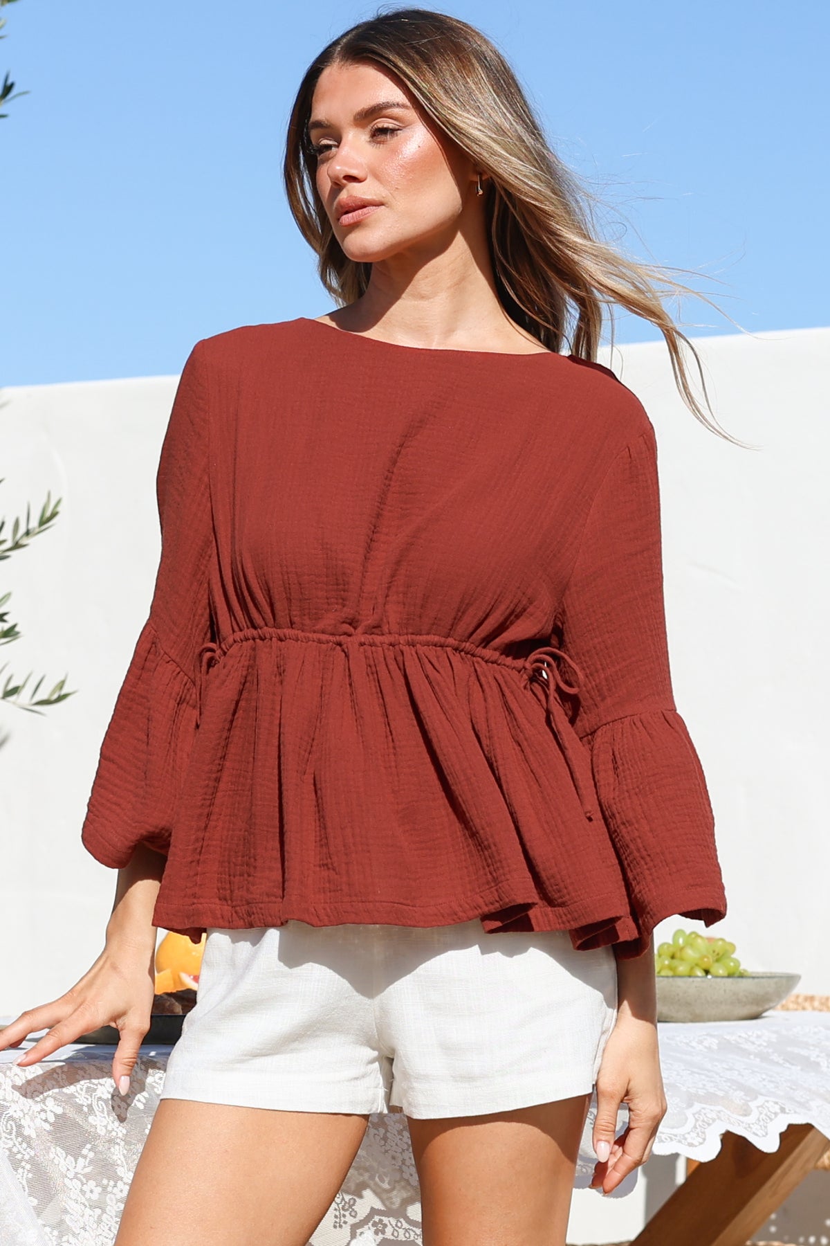 Yvanna Top - Boatneck Adjustable Waist Cheesecloth Cotton Top in Terracota