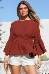 Yvanna Top - Boatneck Adjustable Waist Cheesecloth Cotton Top in Terracota