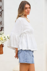 Yvanna Top - Boatneck Adjustable Waist Cheesecloth Cotton Top in White