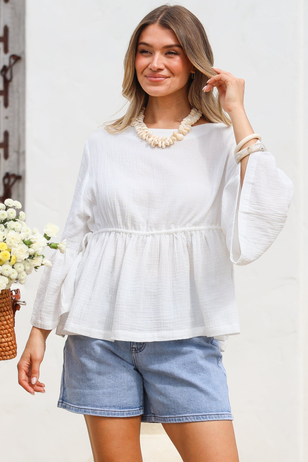 Yvanna Top - Boatneck Adjustable Waist Cheesecloth Cotton Top in White