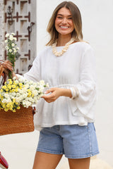 Yvanna Top - Boatneck Adjustable Waist Cheesecloth Cotton Top in White