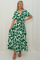 Yvette Maxi Dress - Button Through Cap Sleeve A Line Dress in Graphic Leaf Print