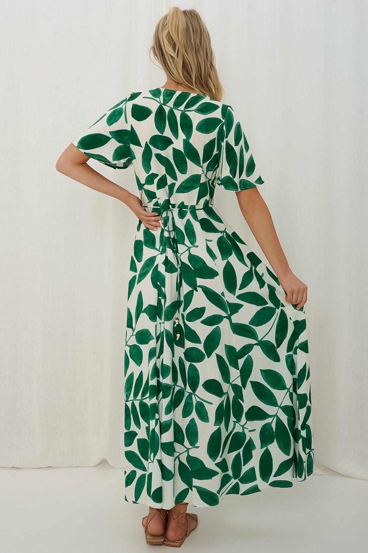 Yvette Maxi Dress - Button Through Cap Sleeve A Line Dress in Graphic Leaf Print