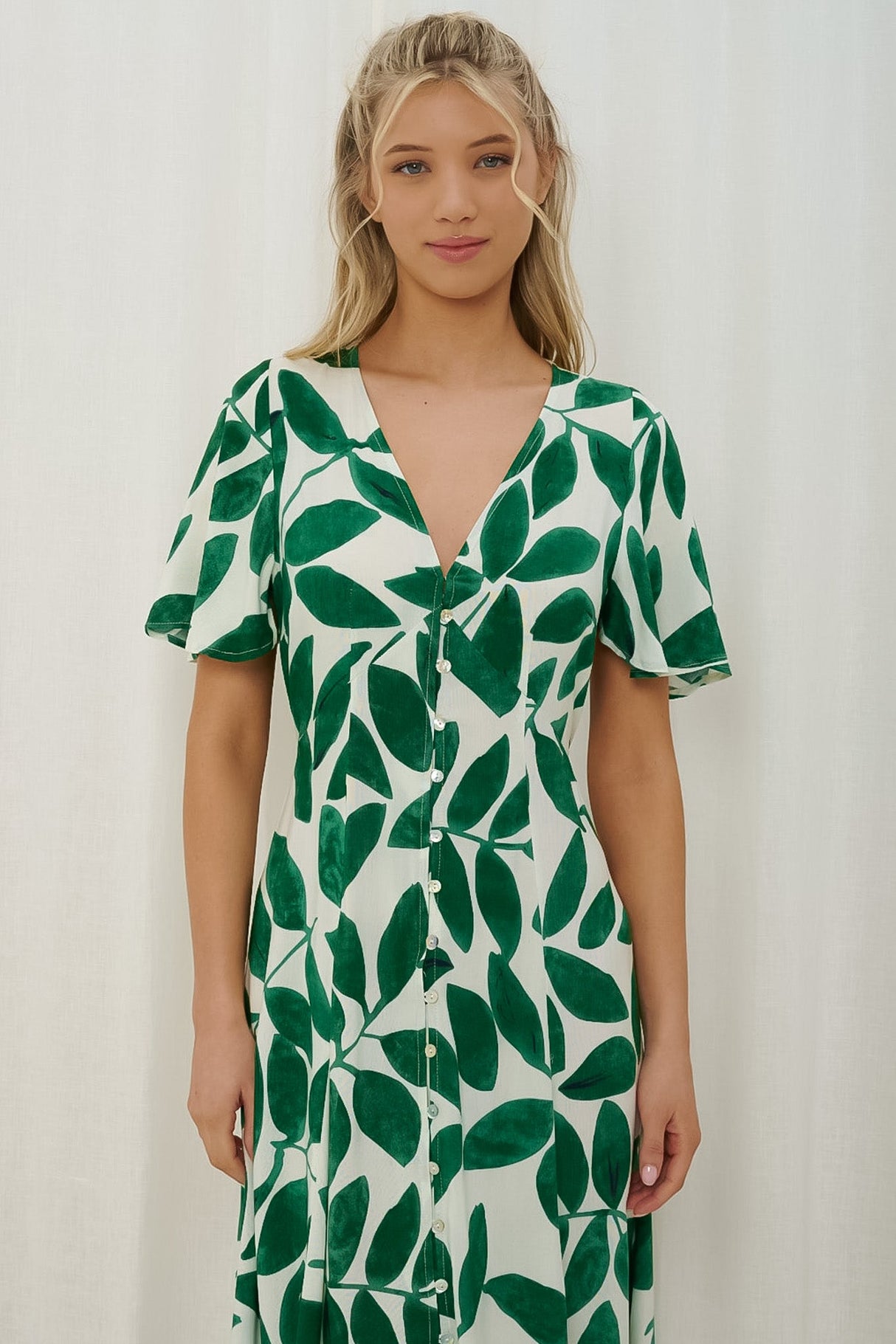 Yvette Maxi Dress - Button Through Cap Sleeve A Line Dress in Graphic Leaf Print