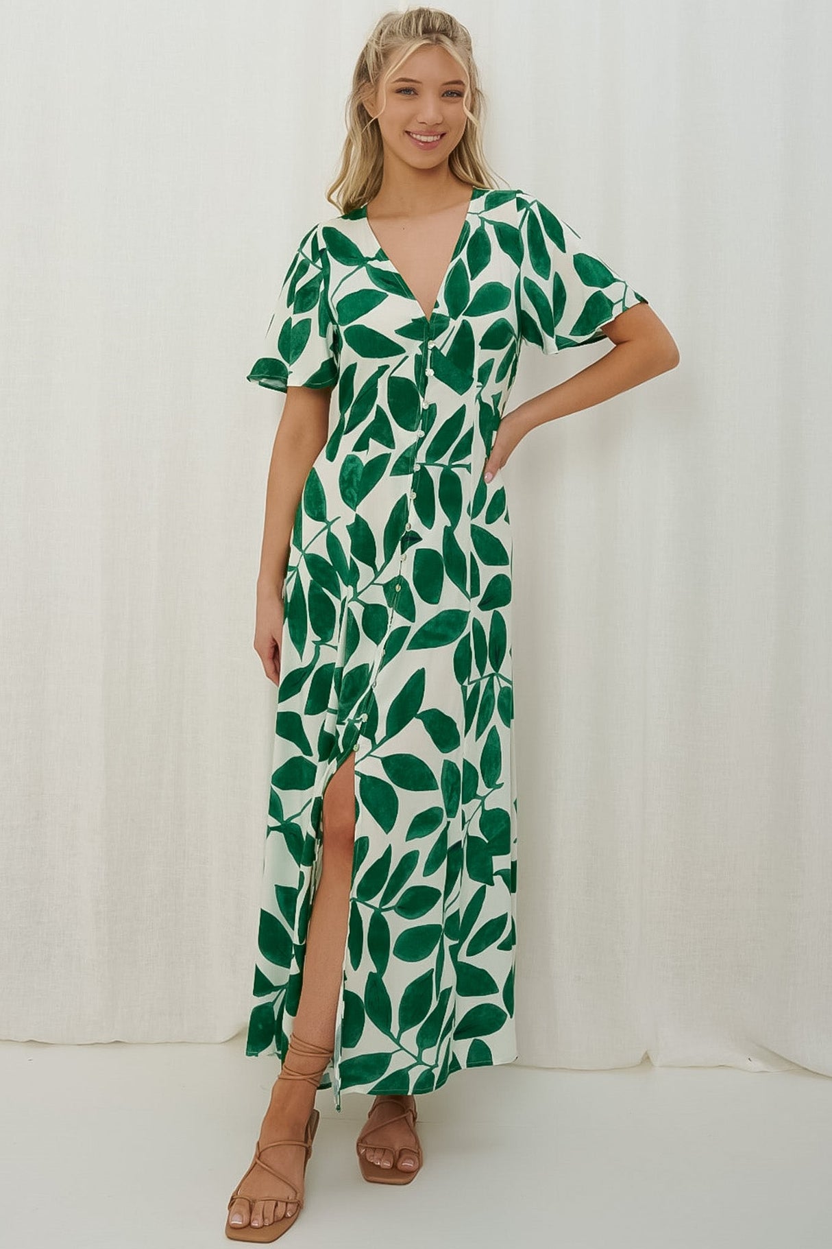 Yvette Maxi Dress - Button Through Cap Sleeve A Line Dress in Graphic Leaf Print