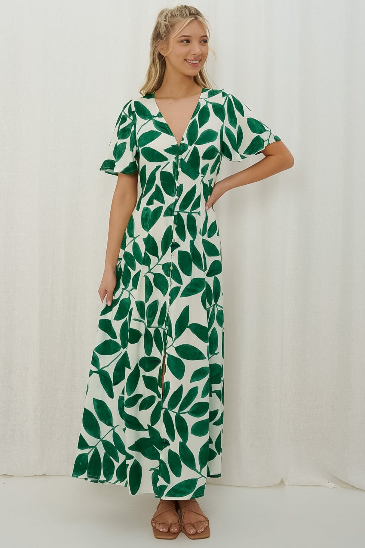 Yvette Maxi Dress - Button Through Cap Sleeve A Line Dress in Graphic Leaf Print