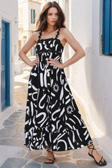 Bailie Maxi Dress - Rick Rack Detailed Sun Dress with Pockets Daley Print in Black