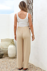 Zafira Pants - High Waisted Cheesecloth Pants with Waist Tie in Beige