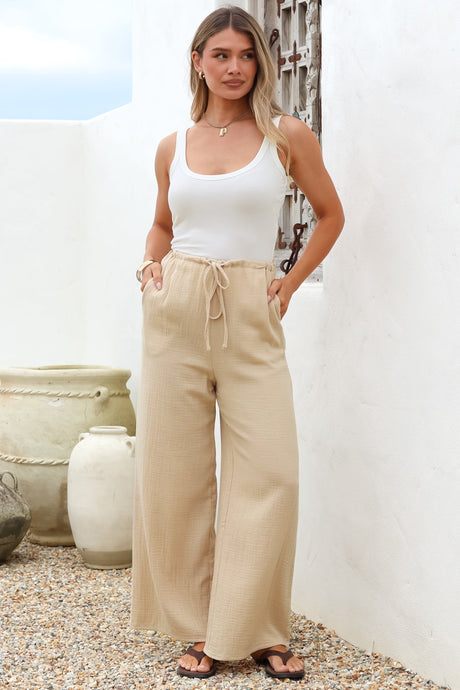 Zafira Pants - High Waisted Cheesecloth Pants with Waist Tie in Beige