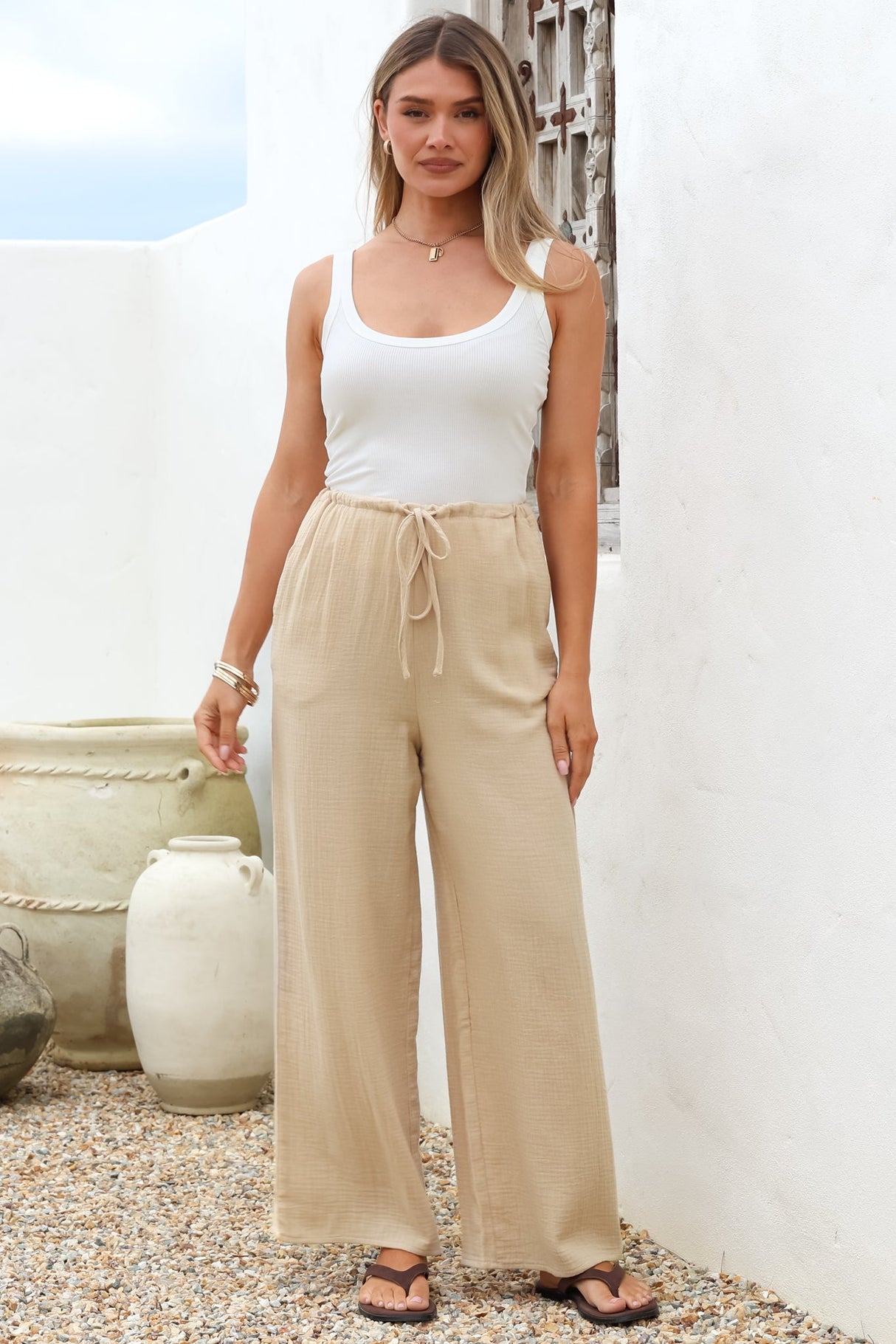Zafira Pants - High Waisted Cheesecloth Pants with Waist Tie in Beige