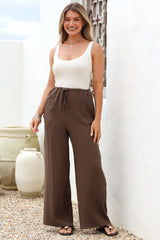 Zafira Pants - High Waisted Cheesecloth Pants with Waist Tie in Chocolate