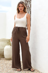 Zafira Pants - High Waisted Cheesecloth Pants with Waist Tie in Chocolate