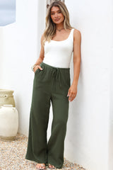 Zafira Pants - High Waisted Cheesecloth Pants with Waist Tie in Khaki