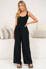 Zafira Pants - High Waisted Cheesecloth Pants with Waist Tie in Black