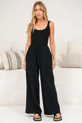 Zafira Pants - High Waisted Cheesecloth Pants with Waist Tie in Black