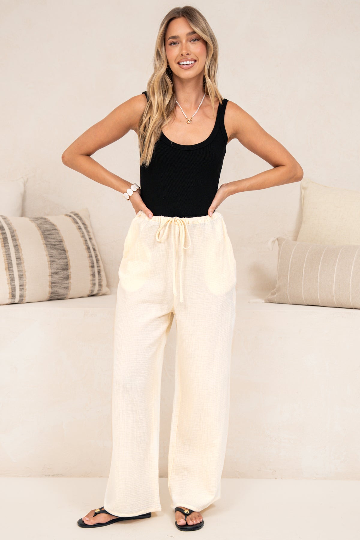 Zafira Pants - High Waisted Cheesecloth Pants with Waist Tie in Cream