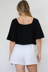 Zali Top - Square Neckline Crop with Short Airy Sleeves in Black