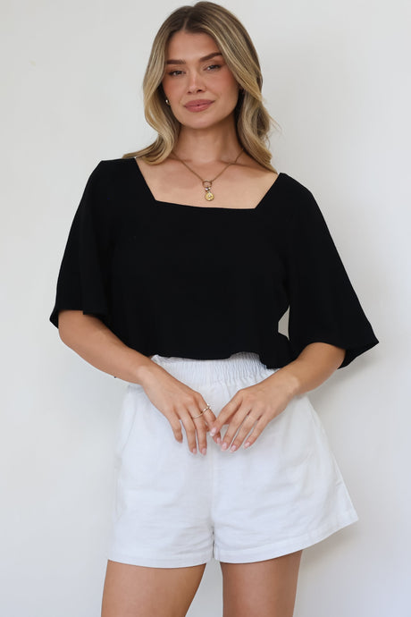 Zali Top - Square Neckline Crop with Short Airy Sleeves in Black