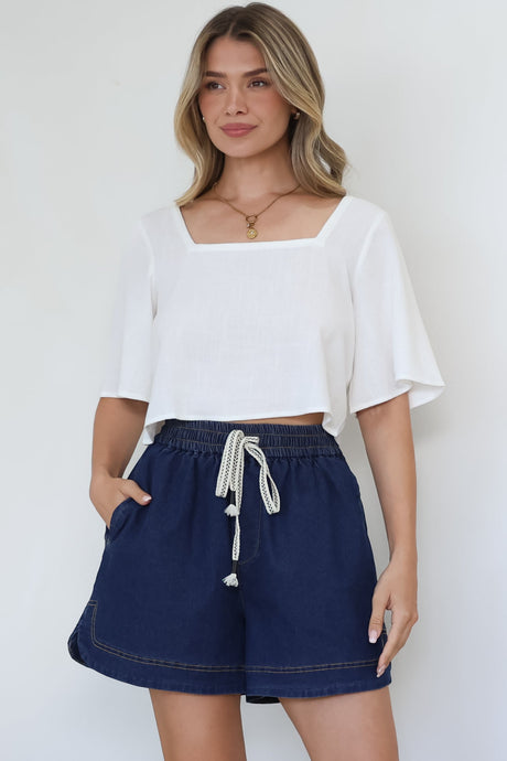 Zali Top - Square Neckline Crop with Short Airy Sleeves in White