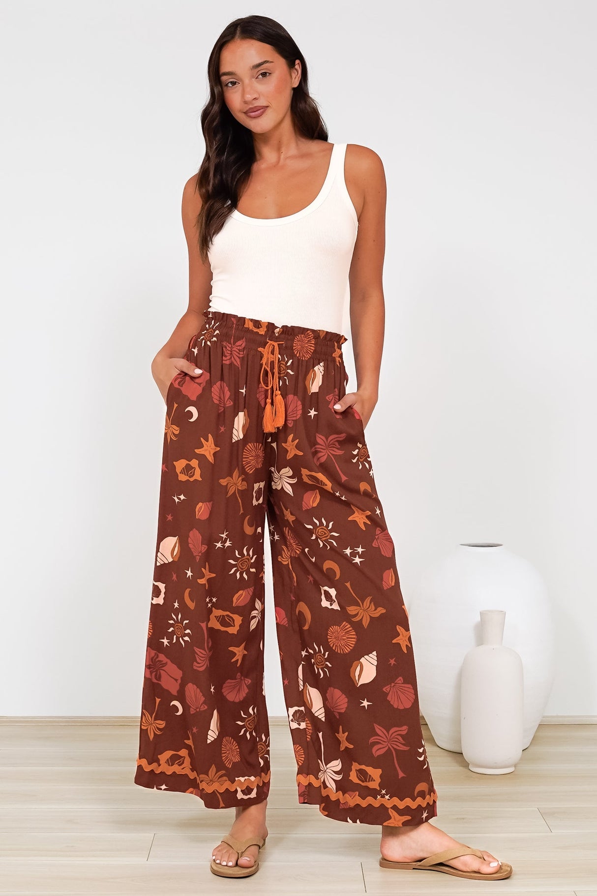 Zara Pants - Paper Bag High Waisted Wide Leg Pants in Celeste Print