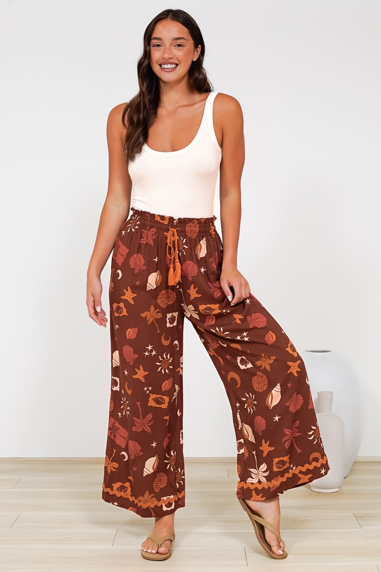 Zara Pants - Paper Bag High Waisted Wide Leg Pants in Celeste Print