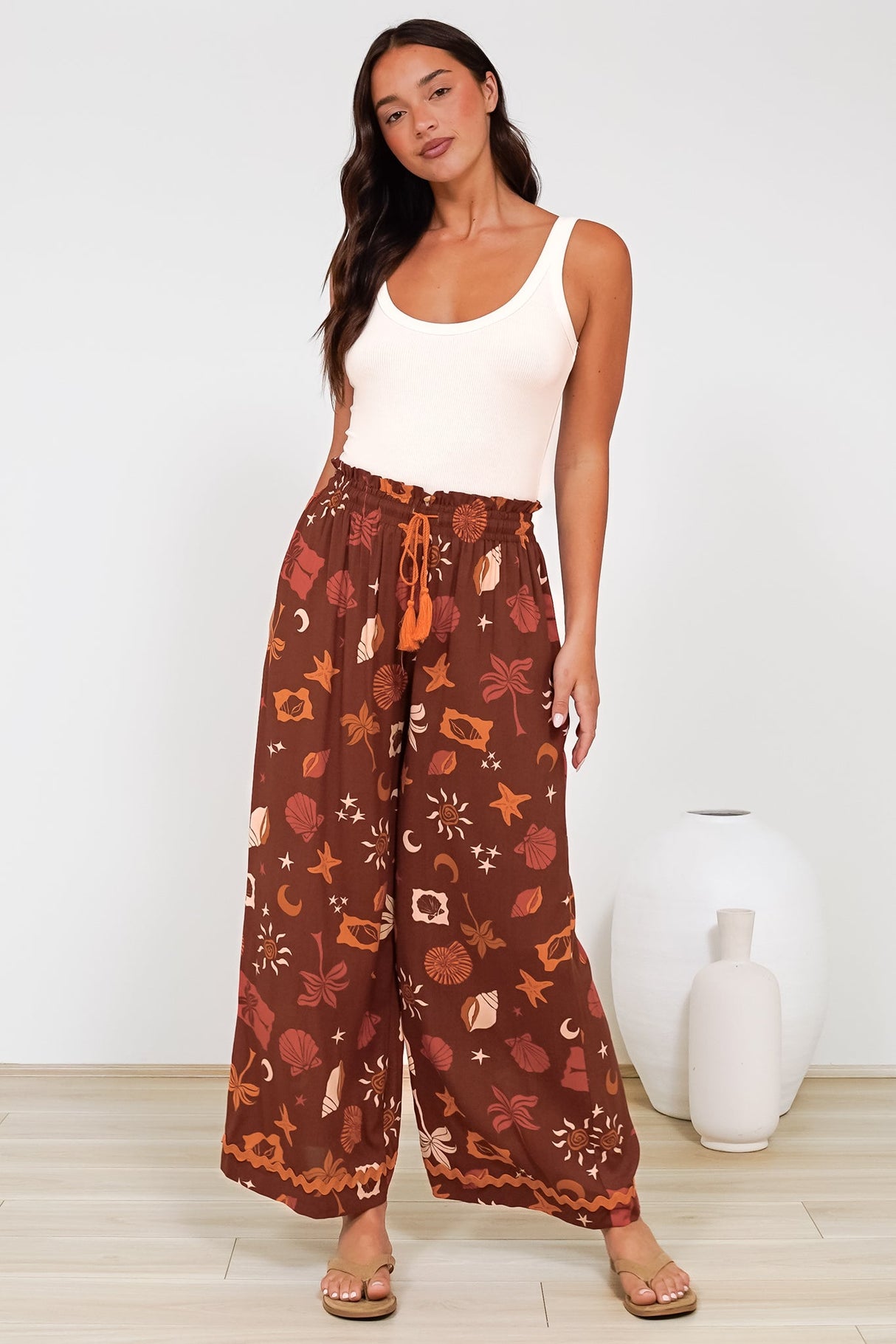 Zara Pants - Paper Bag High Waisted Wide Leg Pants in Celeste Print