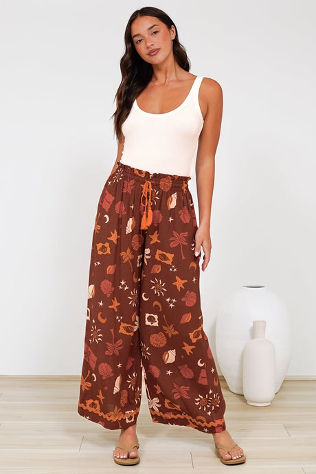 Zara Pants - Paper Bag High Waisted Wide Leg Pants in Celeste Print