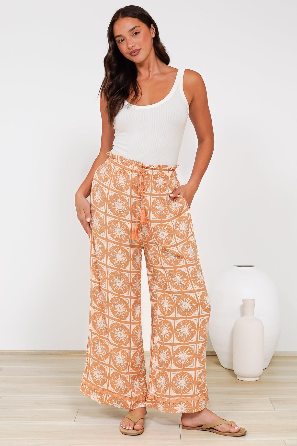 Zara Pants - Paper Bag High Waisted Wide Leg Pants in Solare Print