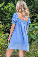 JAASE - Zayli Mini Dress: Lace Trim Neckline Shift Dress with Short Puff Sleeves in Azure Sky Print