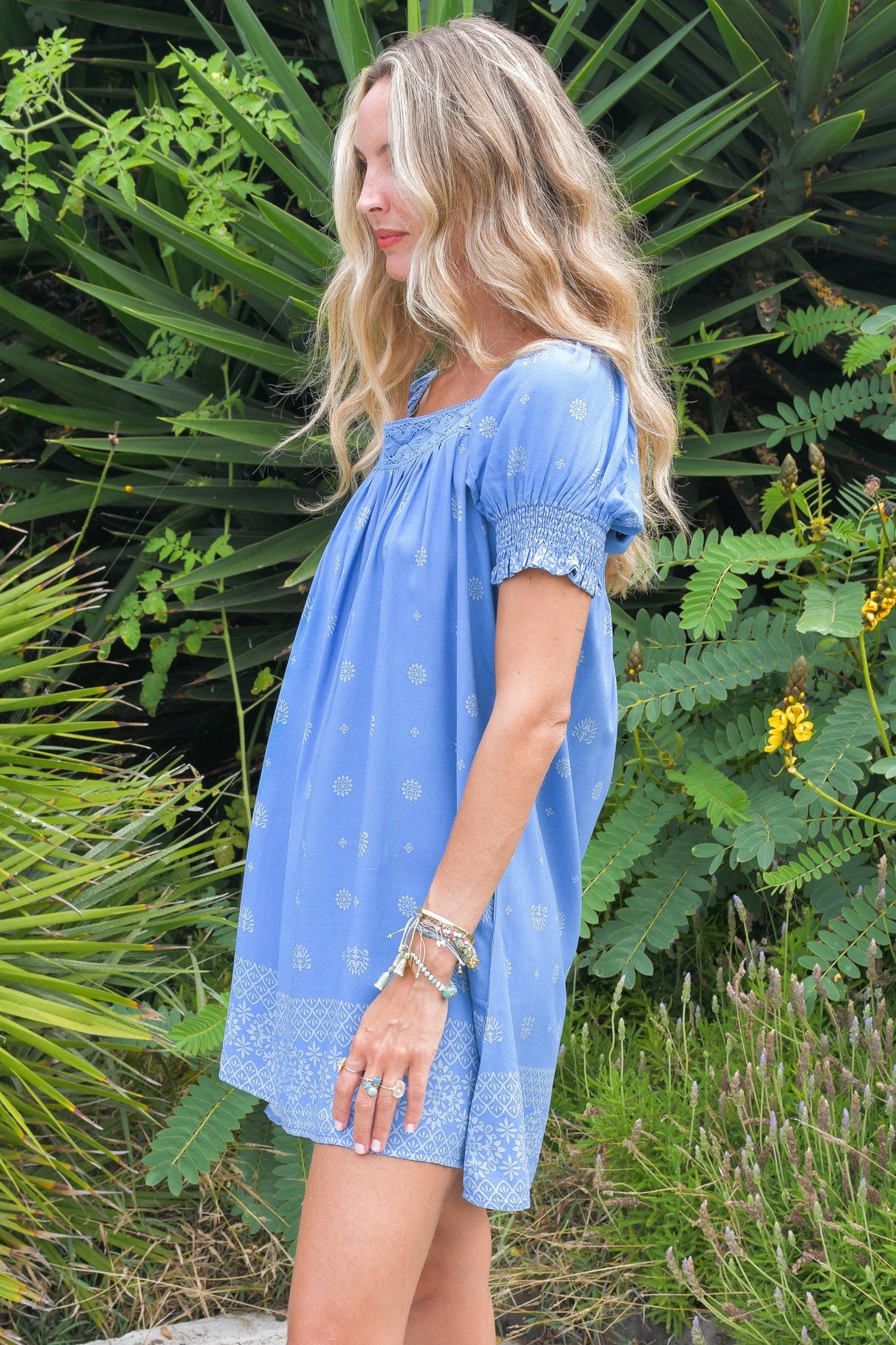 JAASE - Zayli Mini Dress: Lace Trim Neckline Shift Dress with Short Puff Sleeves in Azure Sky Print