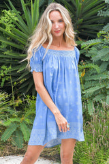 JAASE - Zayli Mini Dress: Lace Trim Neckline Shift Dress with Short Puff Sleeves in Azure Sky Print