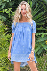JAASE - Zayli Mini Dress: Lace Trim Neckline Shift Dress with Short Puff Sleeves in Azure Sky Print